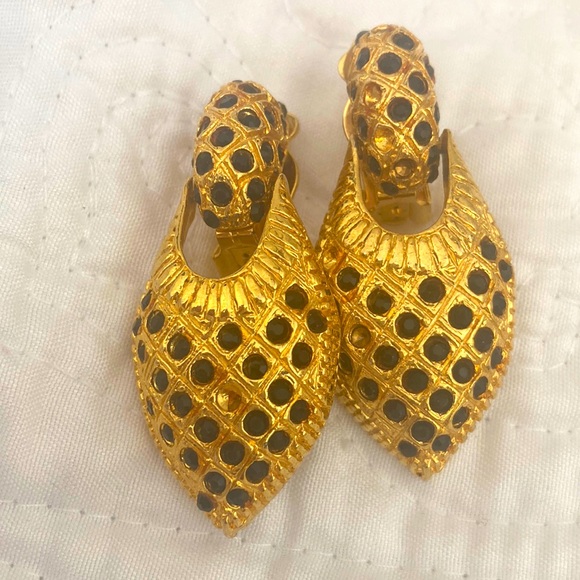 Vintage doorknocker earrings. Oblong with encrusted black glass prism stones. - Picture 1 of 7